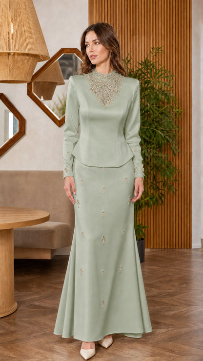 Sage green long sleeve pearl embellished two-piece evening dress set