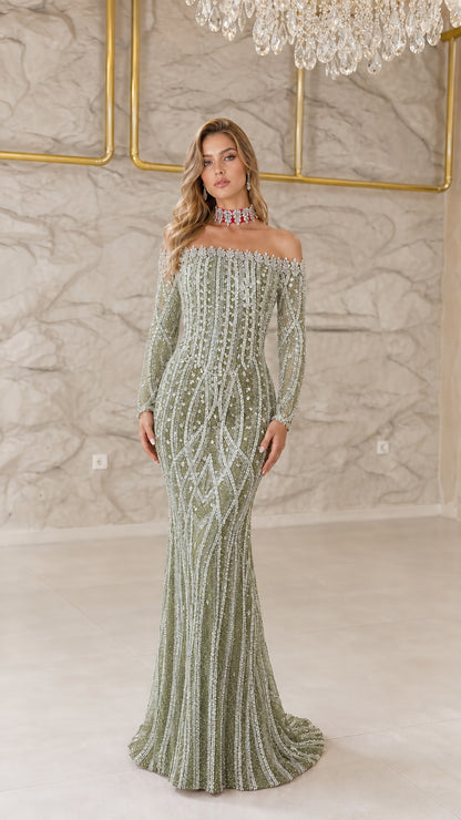 Front view of model wearing Sage Green beaded off-the-shoulder evening gown