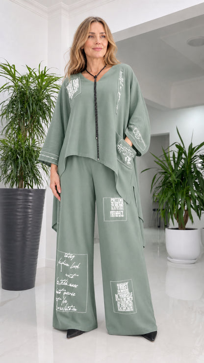 Front view of woman wearing sage green pant set