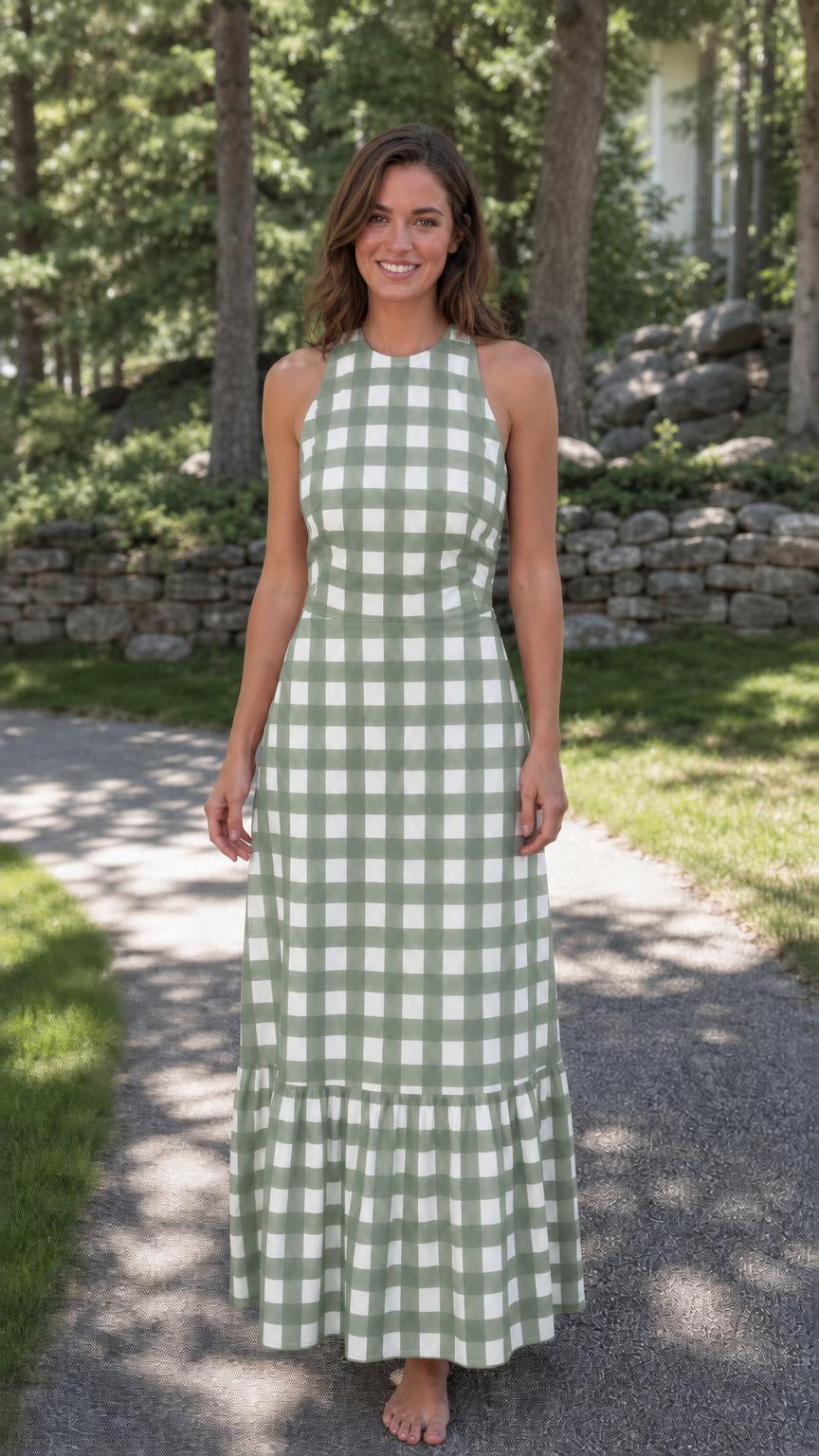 Front view of woman wearing green gingham maxi dress