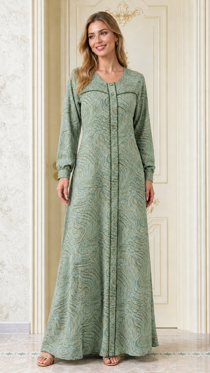 Front view of woman wearing Sage Green swirl print modest maxi dress