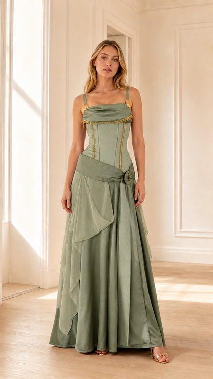 Full-length view of woman wearing sage green Renaissance corset maxi dress