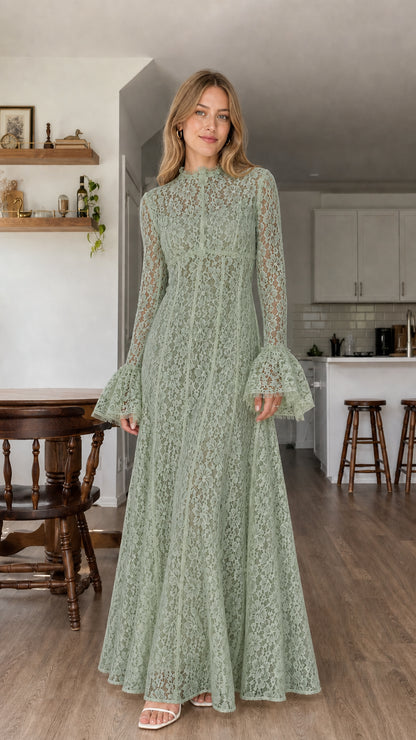 Model wearing sage green all-over lace long sleeve maxi dress