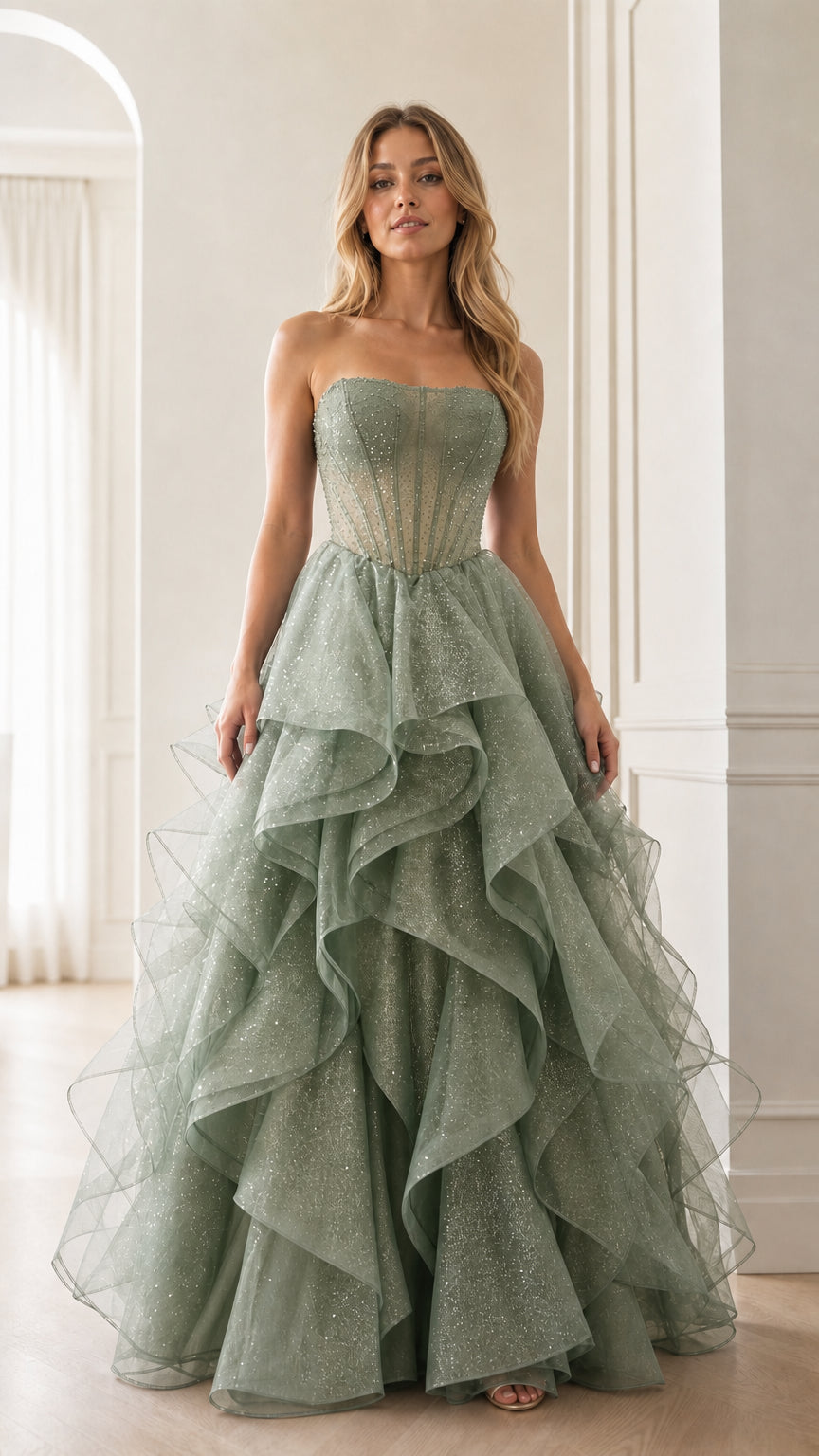Sage green strapless glitter tulle tiered formal prom gown