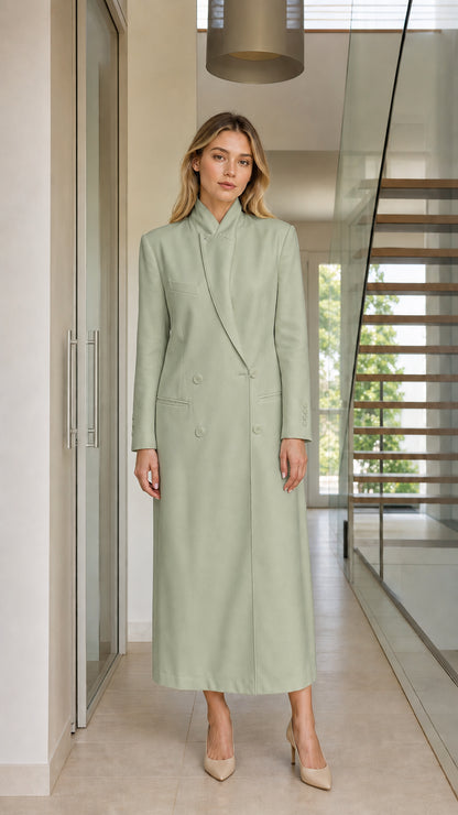 Model wearing sage green stand collar longline coat dress