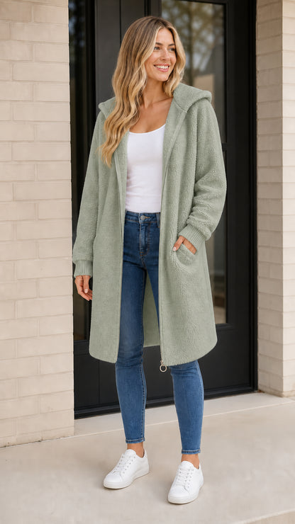 Front view of woman wearing sage green long faux shearling hooded coat