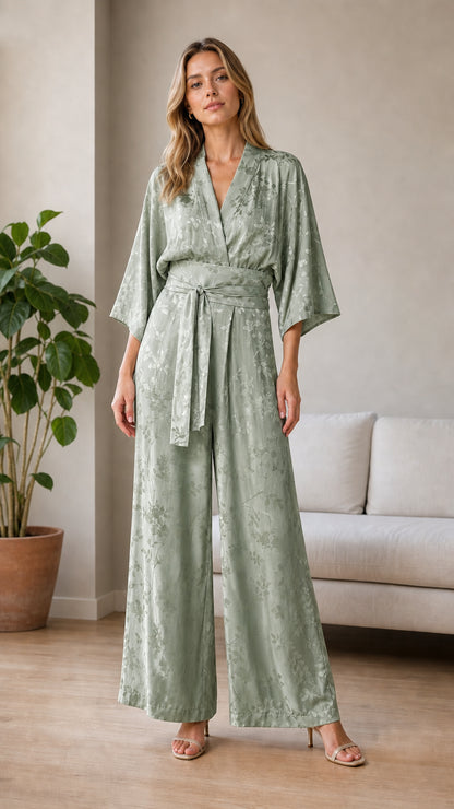 Sage green satin wrap jumpsuit front view
