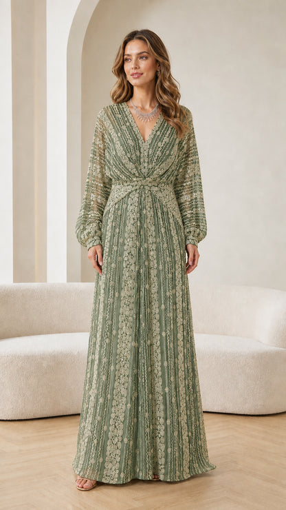 Full-length view of woman modeling sage green embellished long sleeve maxi dress