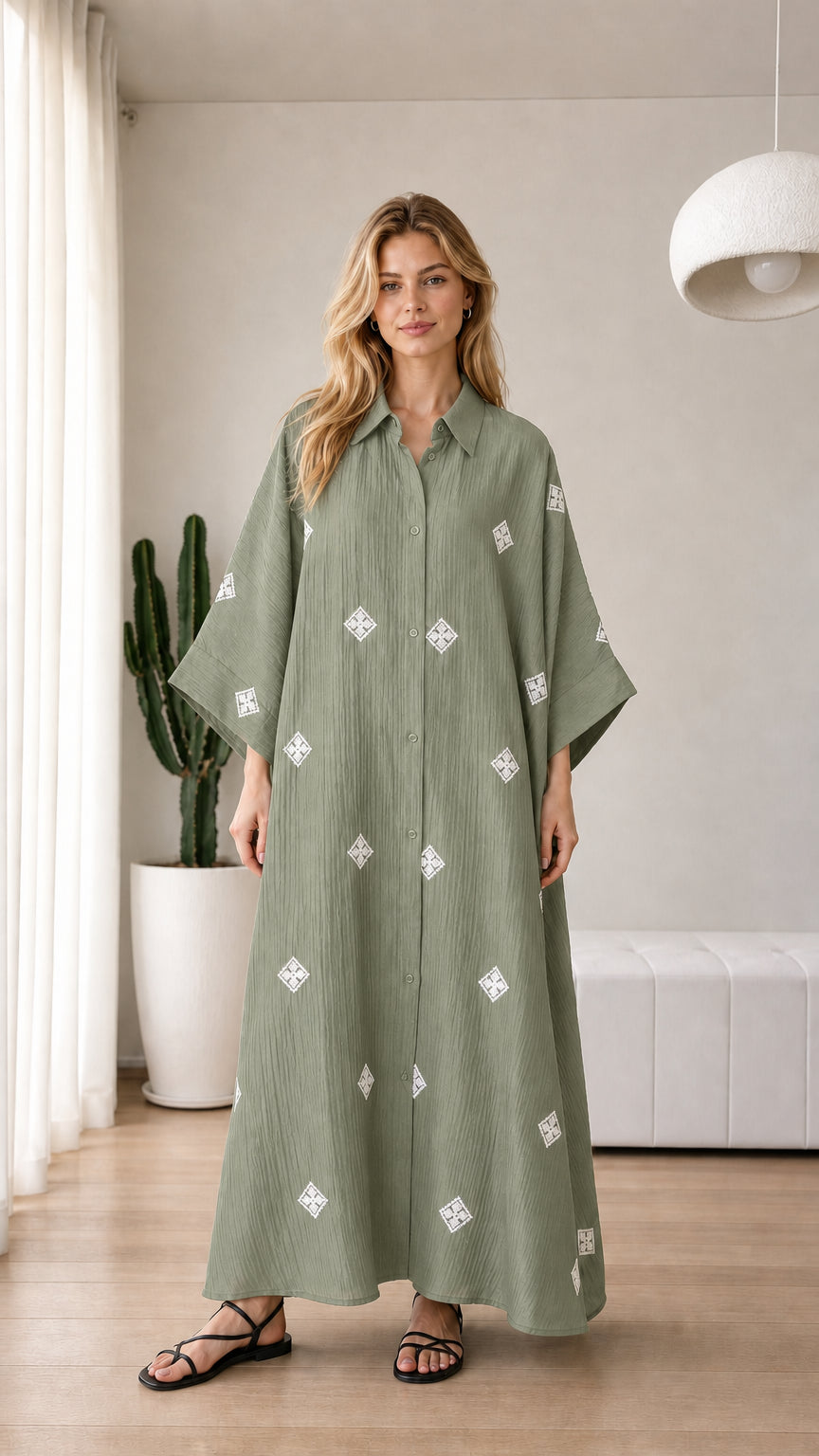 Sage green relaxed fit embroidered maxi kaftan dress on model