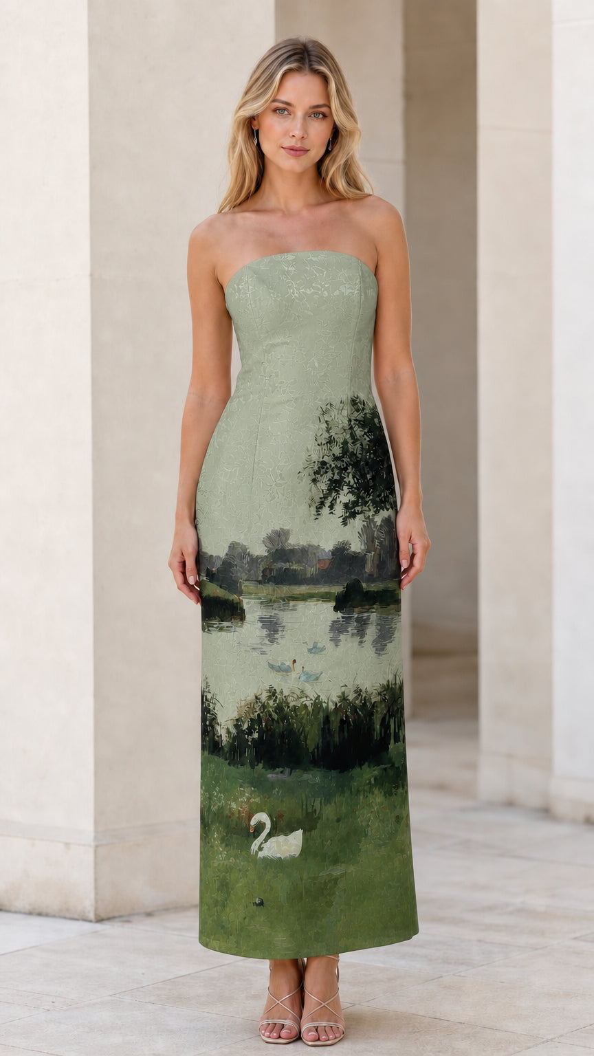 Model wearing sage landscape strapless maxi dress