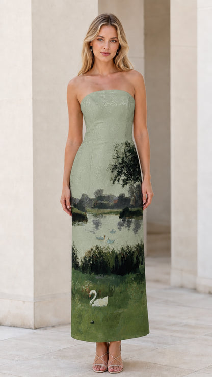 Model wearing sage landscape strapless maxi dress