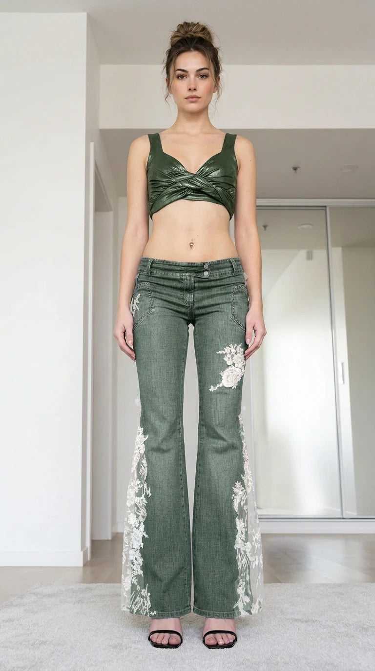 Front view of woman wearing green low-rise lace flare jeans