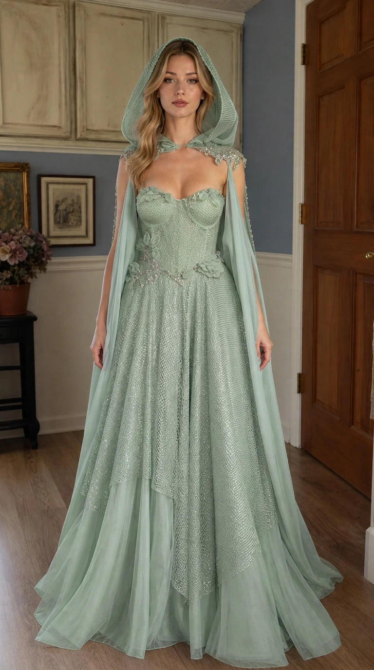 Sage green variant of hooded cape ball gown