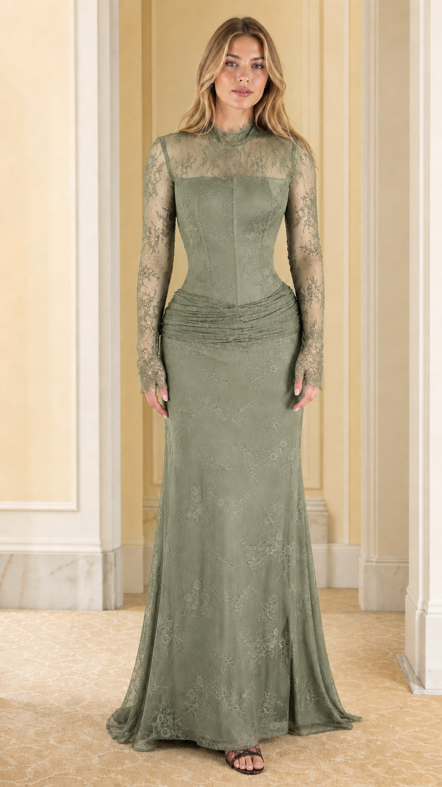 Model wearing Sage Green long-sleeve lace corset maxi dress