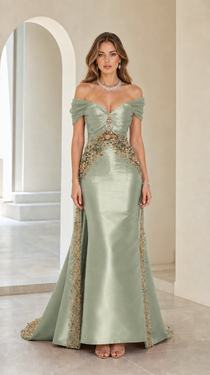 Front view of sage green off-shoulder beaded satin evening gown