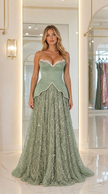 Full front view of sage green sequin evening gown