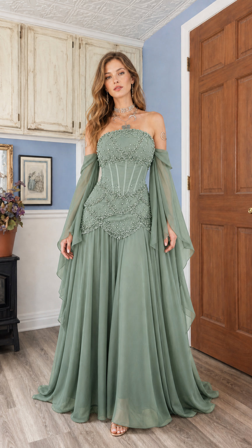Sage green beaded corset evening gown with romantic draped sleeves