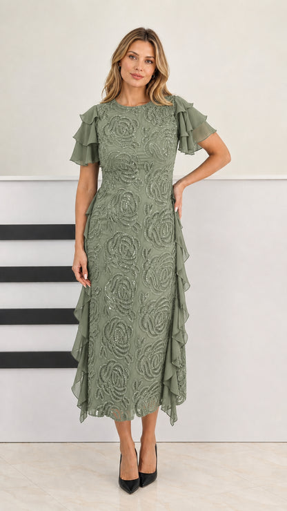 Model wearing sage green beaded midi dress