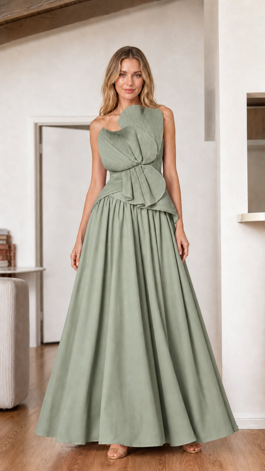 Sage green strapless formal maxi dress with architectural pleated bow