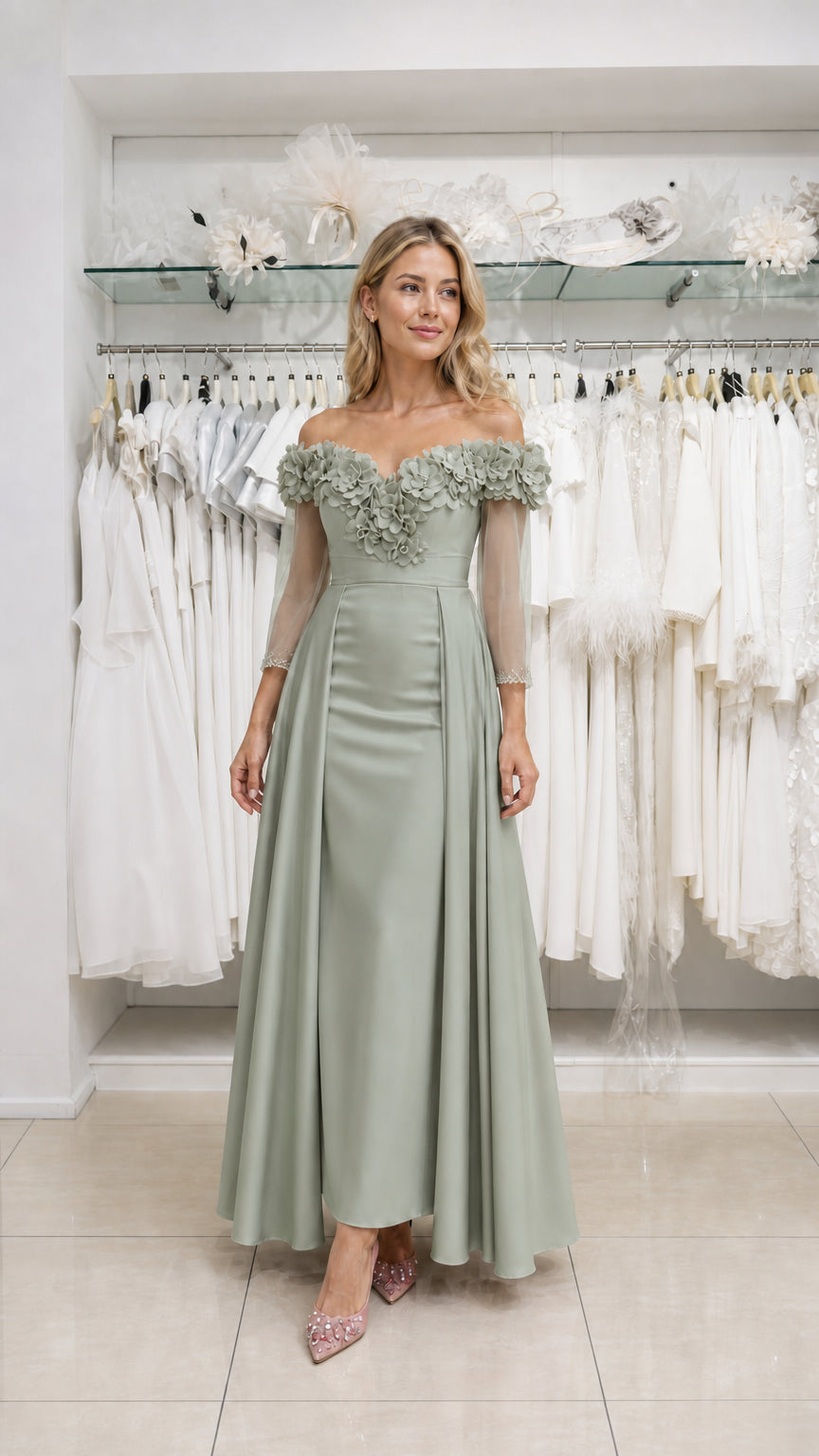 Model wearing sage green evening dress