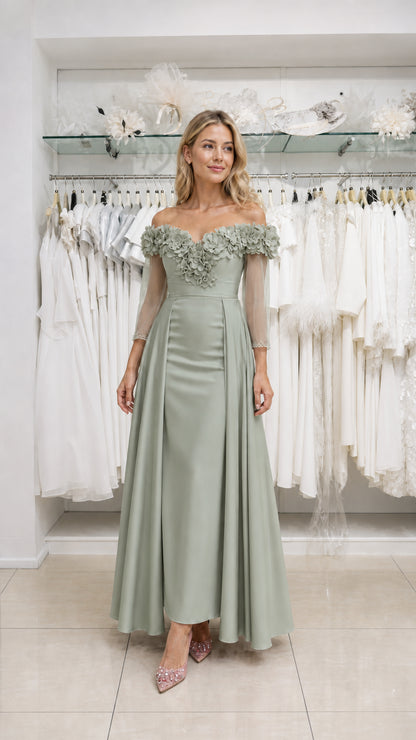 Model wearing sage green evening dress