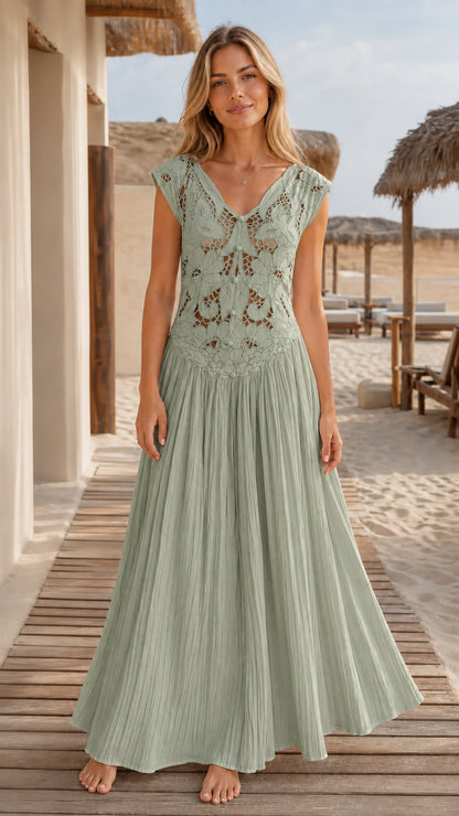 Model wearing sage green boho crochet lace maxi dress