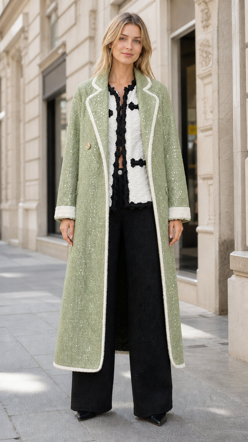 Model wearing sage green sequin tweed longline overcoat with white trim
