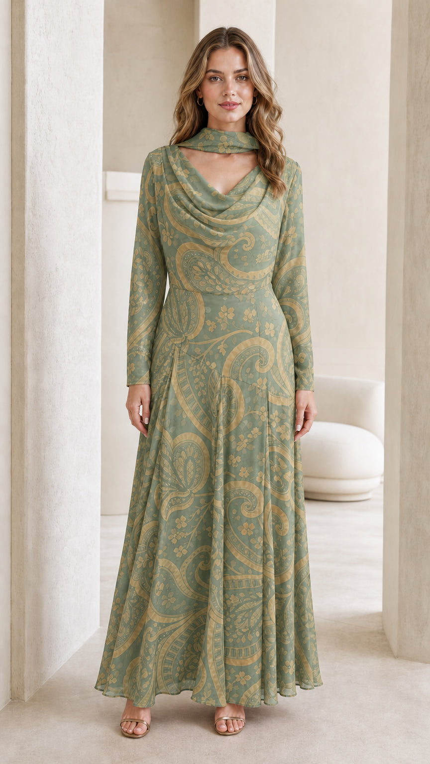Model wearing sage green paisley long-sleeve maxi dress