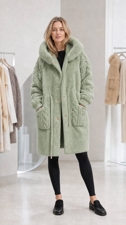 Sage green women's hooded faux fur coat with textured sleeves