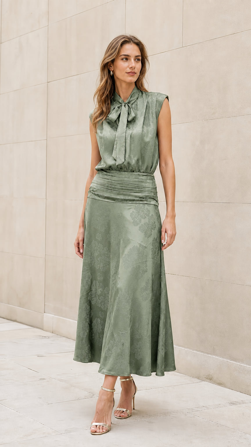 Front view of model wearing sage green tie-neck midi dress