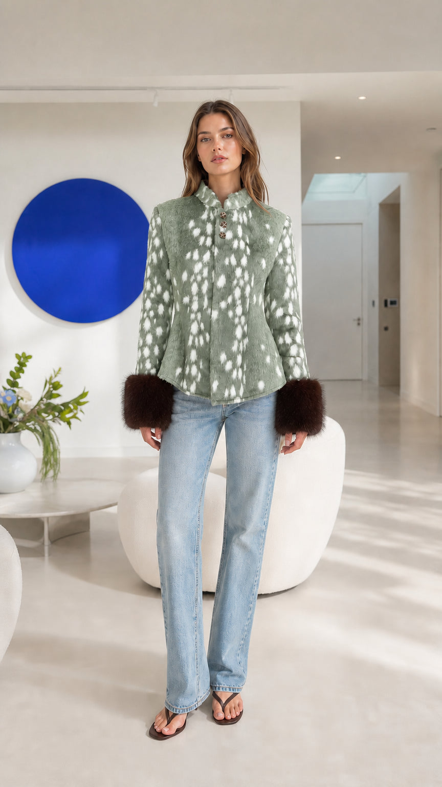 Model wearing sage green faux fur fawn-print jacket