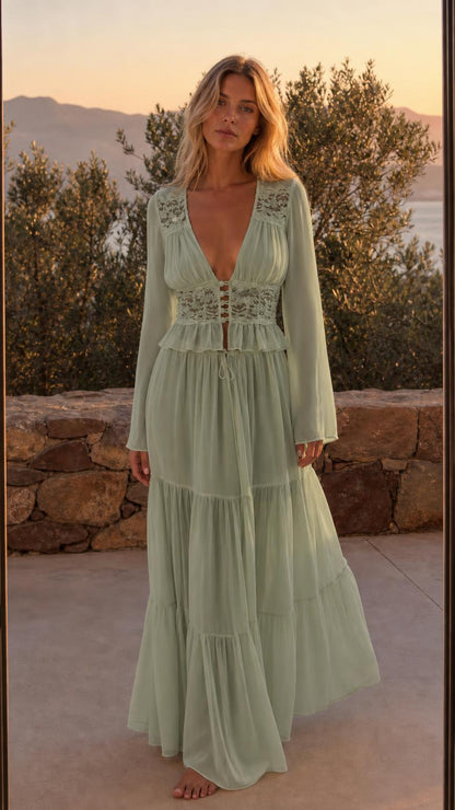 Front view of Sage Green boho lace trim long sleeve maxi dress