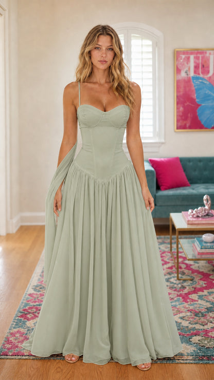 Front view of sage green chiffon corset maxi dress