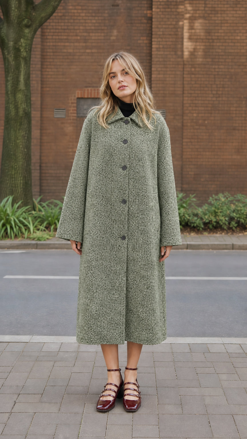 Women's Sage Green longline single-breasted overcoat full view