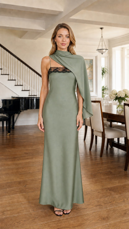 Front view of model wearing Sage Green formal one-shoulder drape maxi dress