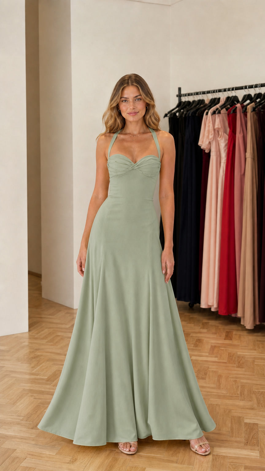 Model wearing sage green formal maxi dress
