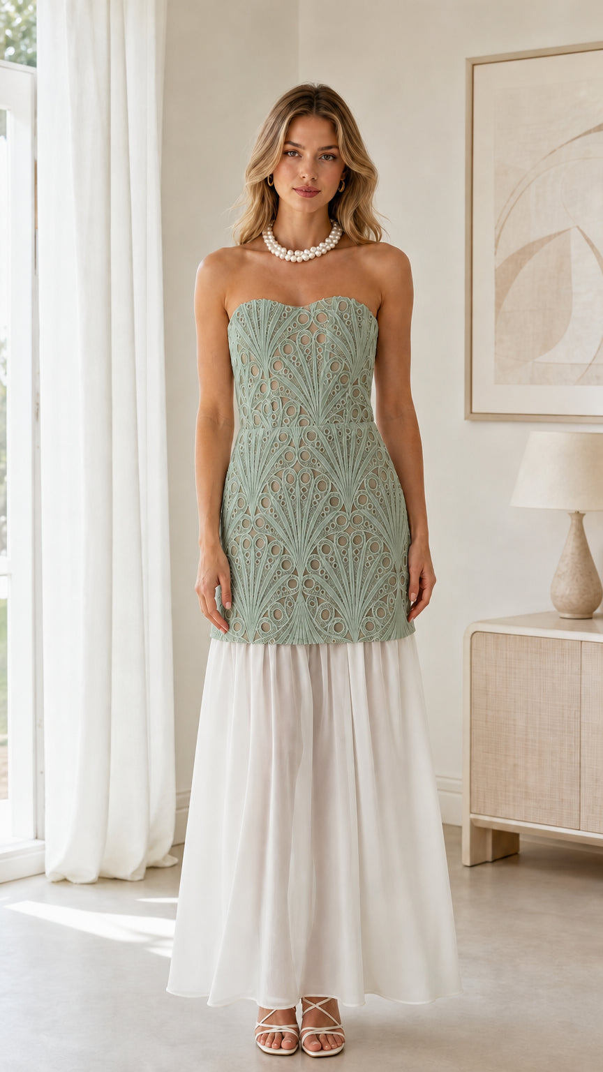 Front view of sage green embroidered bodice with white skirt strapless maxi dress