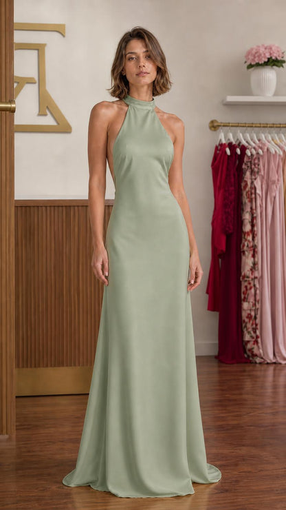 Front view of the sage green satin halter maxi dress