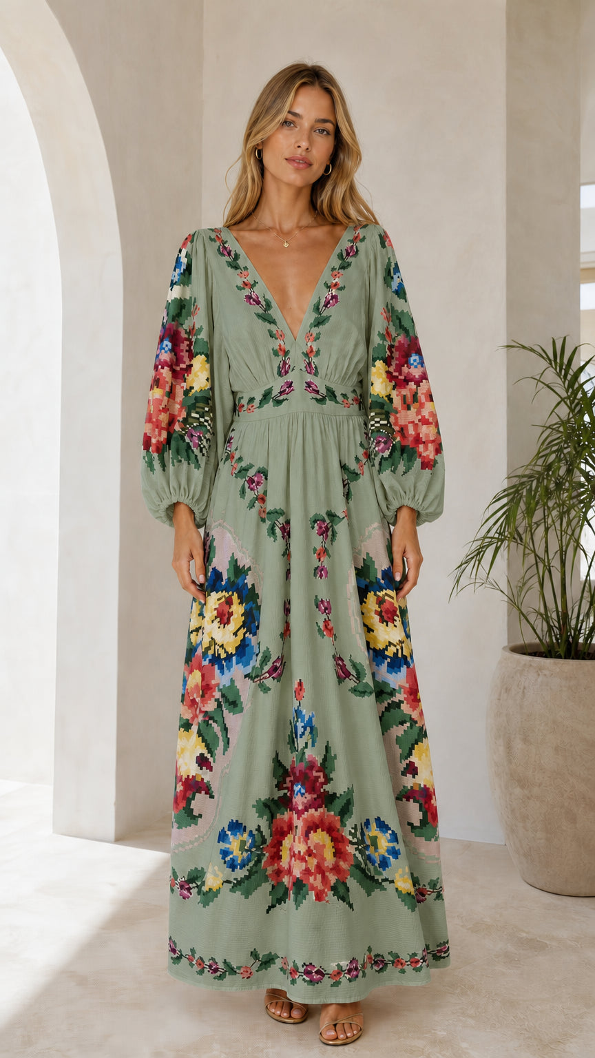 Front view of sage green floral embroidered maxi dress