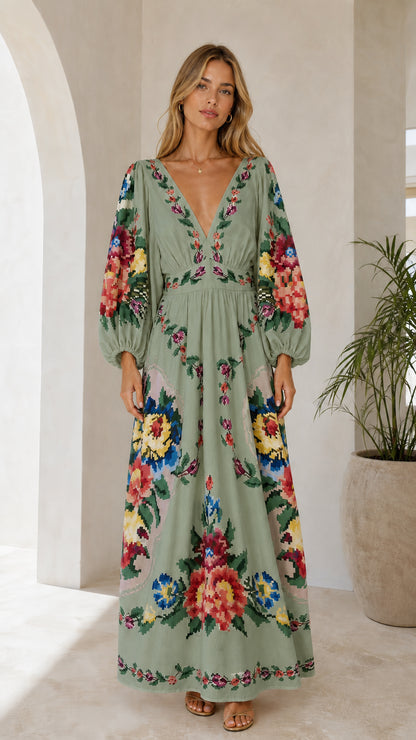 Front view of sage green floral embroidered maxi dress