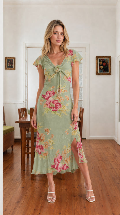 Model wearing sage green floral flutter sleeve midi dress