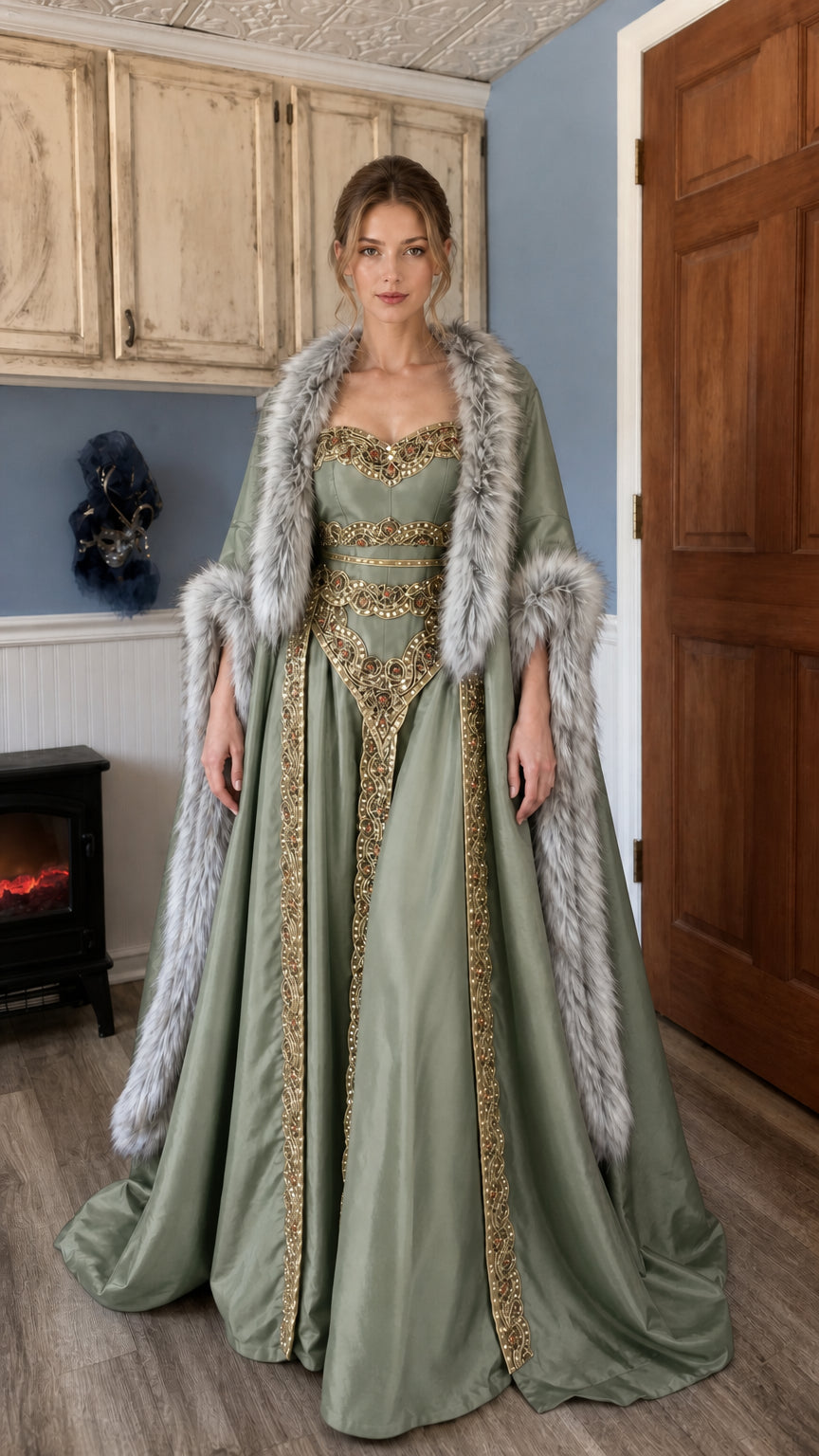Front view of sage green Renaissance medieval gown and faux fur cloak