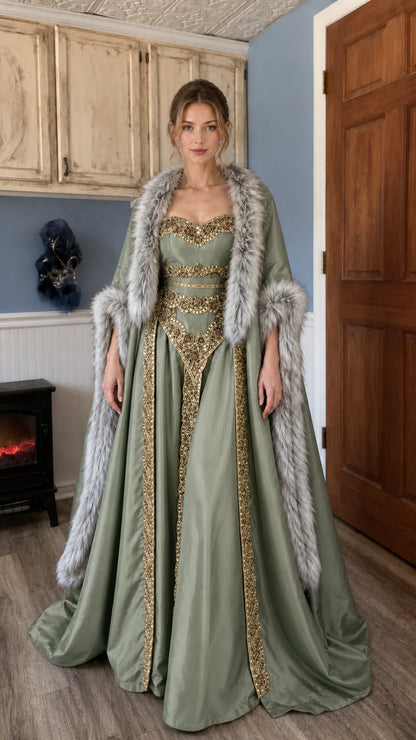 Front view of sage green Renaissance medieval gown and faux fur cloak