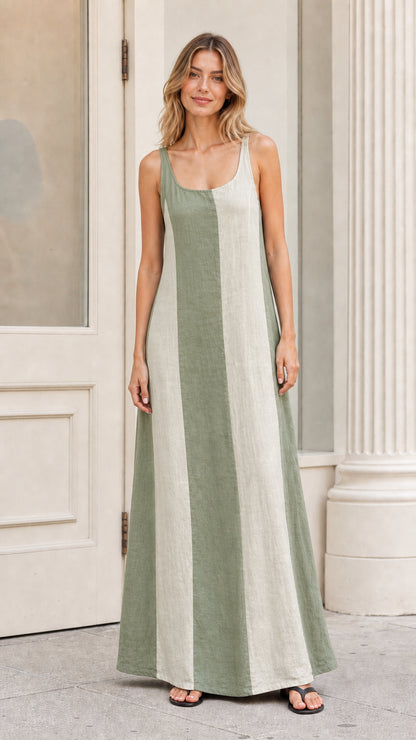 Front view of model wearing sage green color-blocked maxi dress