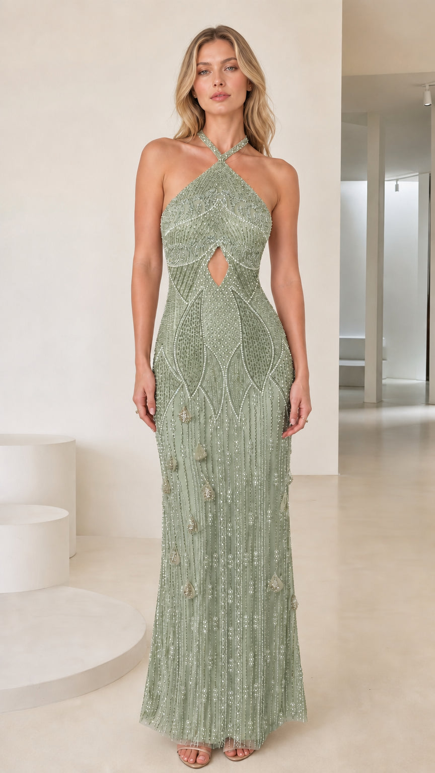 Front view of sage green beaded halter neck evening dress