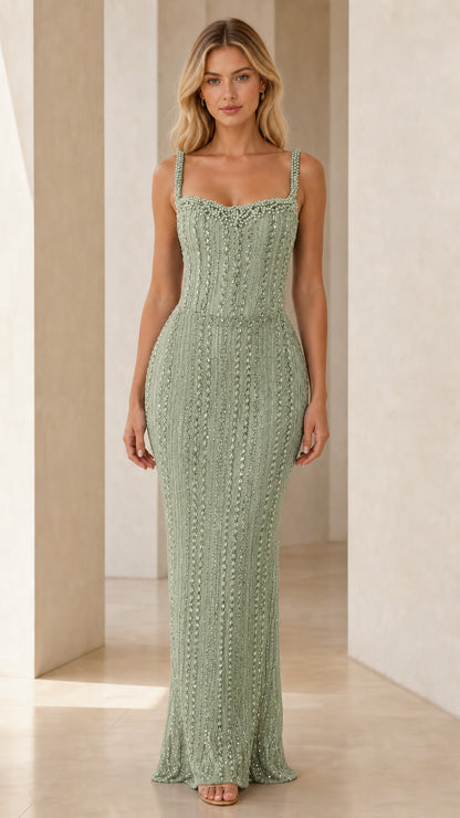 Model wearing Sage Green beaded sweetheart knit maxi dress