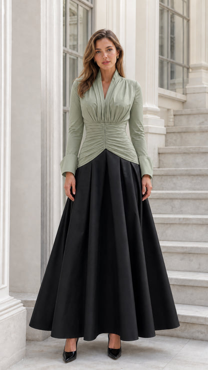 Front view of sage and black two-tone maxi dress