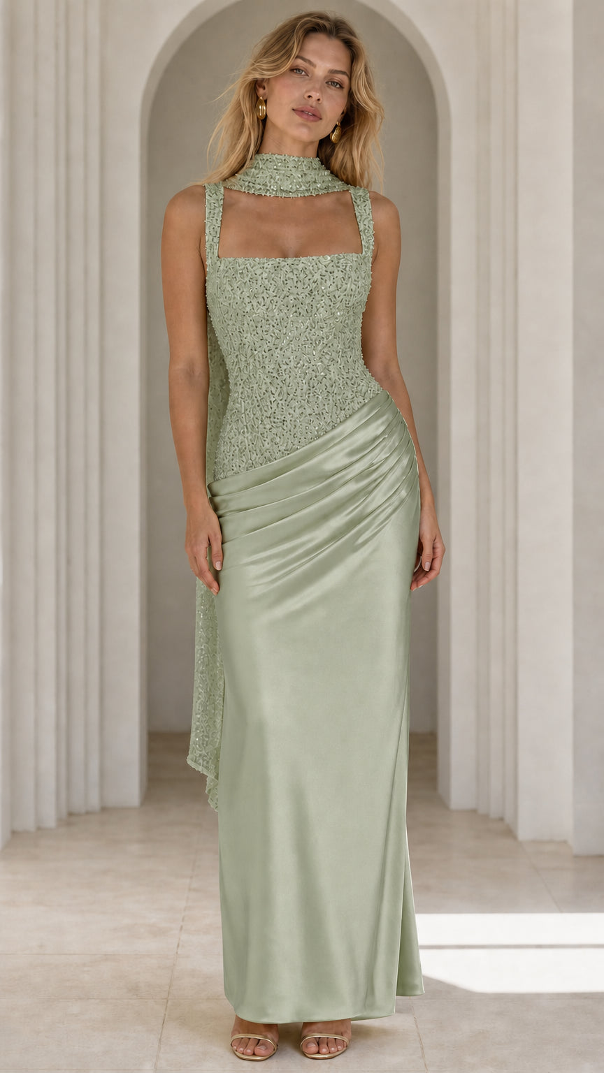 Front view of sage green evening gown