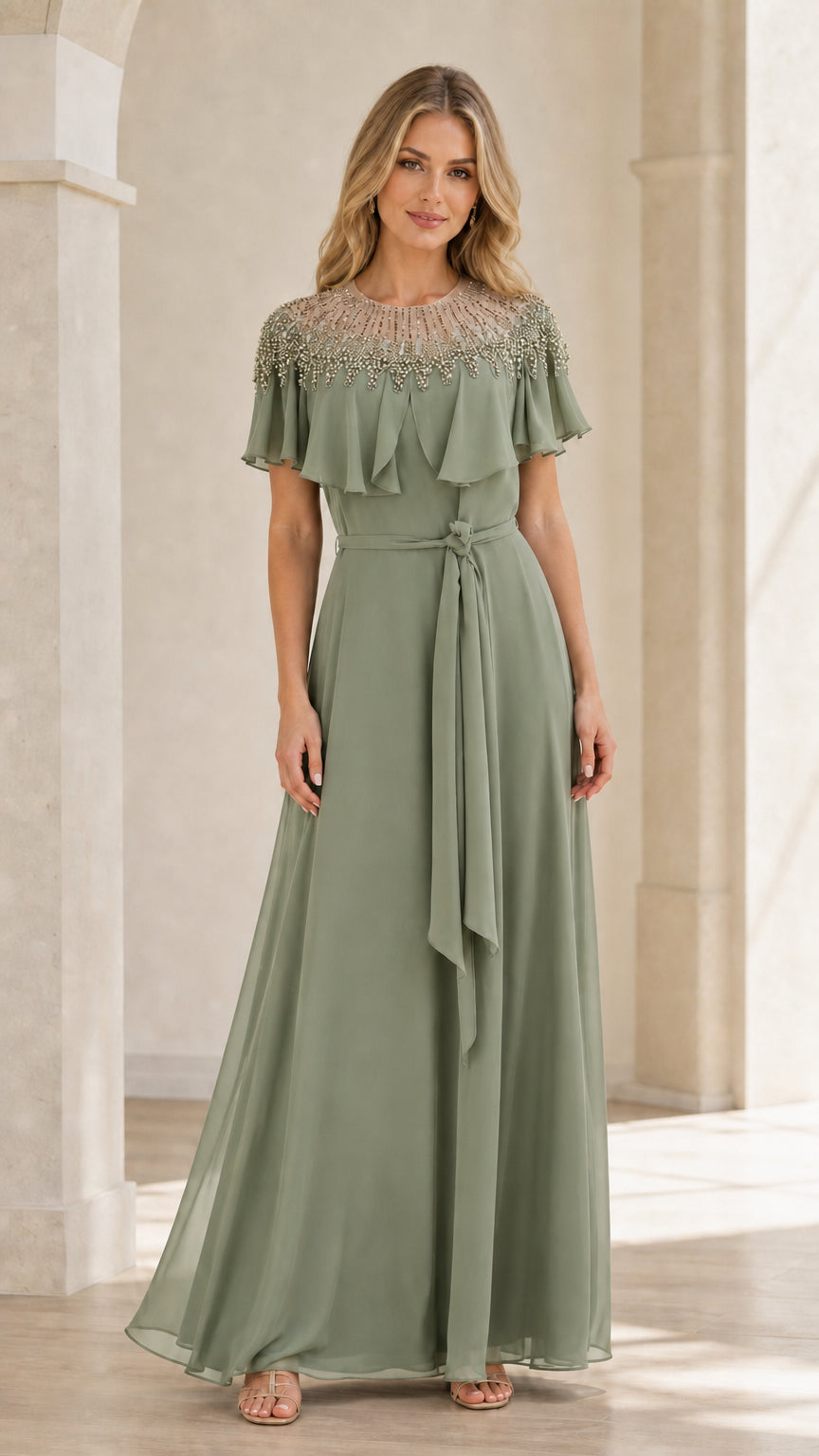 Front view of sage green beaded capelet maxi dress