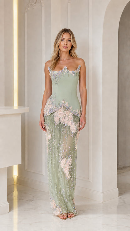 Front view of sage green embellished strapless gown